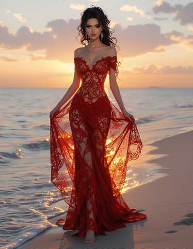 A stunning, AI-generated image depicts a woman standing on a beach at sunset. She is barefoot and dressed in a flowing, red lace gown that features a deep V-neckline and a high slit on the right side, revealing her leg. The dress, adorned with intricate lace details, cascades down to her feet, with the fabric elegantly draped around her hands. Her long, dark hair, styled in loose waves, frames her face, which is accentuated by red lipstick and long, dangling earrings. The serene backdrop includes a calm ocean with gentle waves lapping at the shore, and the sky is painted in hues of orange and pink, with clouds adding depth to the scene. The woman's bare arms and the delicate lace overlay add to the ethereal quality of the image, making it a captivating blend of realism and fantasy.