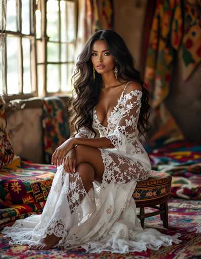 A woman is seated on a wooden stool with her legs crossed and wearing a white lace dress that falls down to her knees. She has long dark hair and is wearing gold earrings. The room features colorful textiles hanging from the ceiling and walls, creating an artistic and vibrant atmosphere.