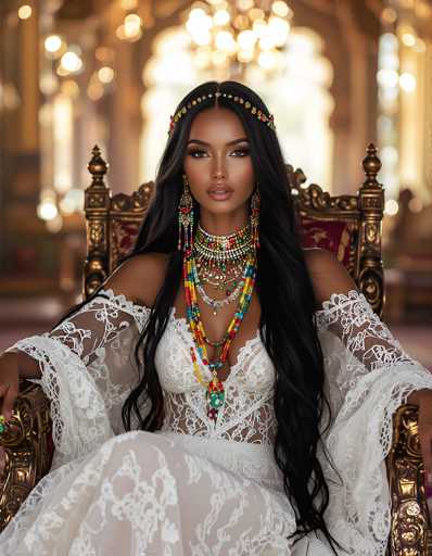 The image depicts a striking young woman, possibly of African or Middle Eastern descent, seated on an ornate golden throne adorned with a red velvet cushion. She has long, flowing black hair cascading down to her waist and is adorned with an elaborate headband featuring a string of multicolored beads. Her makeup is meticulously applied, highlighting her full lips and dark eyes. She wears an intricate array of jewelry, including long, dangling earrings with beads, and multiple necklaces—some beaded, some featuring colorful gemstones. Her white gown, with its sheer, lacy sleeves and intricate floral patterns, reveals her shoulders and chest, adding to her regal appearance. The background is blurred, with indistinct lights and possibly a chandelier, emphasizing her as the focal point of the image.