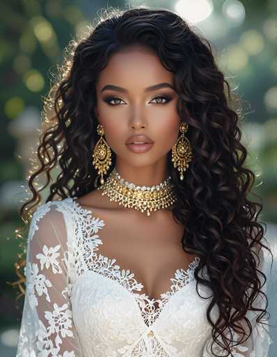This image features a stunning, AI-generated portrayal of a young woman with a light complexion. She has long, wavy black hair that cascades over her shoulders, adorned with a pair of elegant gold earrings. Each earring features a central circular design with intricate detailing, and dangling from the bottom are teardrop-shaped gold elements. 

Her attire is a white dress with a sheer, lacy overlay that extends from her shoulders down to her elbows. The dress is intricately designed with floral patterns, adding a touch of delicacy to her overall look. 

Around her neck, she wears a double gold necklace, each layer adorned with small white pearls. The necklace features a central circular design with a teardrop-shaped element hanging from the bottom, adding a touch of grandeur to her ensemble.

The background is a soft, blurred blend of green and blue hues, with a few indistinct white shapes that add depth to the image. The overall effect is one of serene elegance, highlighting the exquisite details of her attire and features.