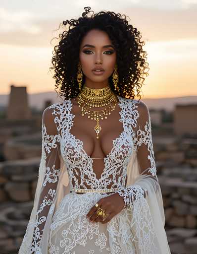 A woman with curly hair wearing a white lace dress and gold jewelry stands against the backdrop of a desert landscape at sunset.