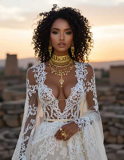 A stunning photograph captures a young woman with dark skin and voluminous, curly black hair, standing in front of a blurred background that appears to be a desert landscape. She is adorned in a breathtaking, lacy white dress that features a deep V-neckline, revealing a hint of cleavage. The dress is intricately designed with see-through panels and a sheer, lacy overlay that drapes elegantly over her shoulders. Her ensemble is accentuated by a gold belt and an elaborate array of gold jewelry, including a choker, multiple necklaces, and dangling earrings. Her makeup is meticulously applied, with dark eyeshadow and lipstick that highlights her features. She stands confidently, with her right hand resting on her hip, showcasing a large gold ring on her finger. The overall composition of the photograph exudes a sense of grace and sophistication, with the focus sharply on the woman and her exquisite attire.