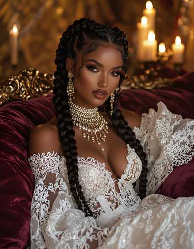 The image depicts a strikingly beautiful African-American woman with long, intricately braided hair cascading down to her waist. She is adorned in a luxurious white gown featuring a deep V-neckline and intricate lace detailing. Around her neck, she wears an elaborate multi-tiered pearl necklace, adding to her regal appearance. Her makeup is meticulously applied, with bold red lipstick and smoky eye makeup that accentuates her brown eyes. She is seated on a plush, red velvet chaise lounge with an ornate gold frame, exuding an air of elegance and sophistication. The background is softly blurred, revealing a collection of lit candles that cast a warm, golden glow, enhancing the overall opulent atmosphere of the scene.