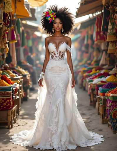 A stunning, full-length portrait of a Black woman modeling a beautiful white lace wedding gown in a vibrant marketplace setting. The woman is the focal point, standing confidently with her head tilted slightly upwards, looking directly at the viewer. Her voluminous afro is adorned with a colorful floral headpiece, and she wears elegant gold earrings. The wedding gown features intricate lace detailing on the bodice, a deep sweetheart neckline with sheer lace inserts, and a flowing train. 

The background is a bustling marketplace with stalls displaying colorful fabrics, spices, and other goods. The lighting is warm and slightly hazy, creating a dreamlike atmosphere. The overall composition emphasizes the woman's grace and the richness of her attire, highlighting a blend of cultural elegance and modern fashion. The image is captured with a shallow depth of field, drawing attention to the model while softly blurring the background.