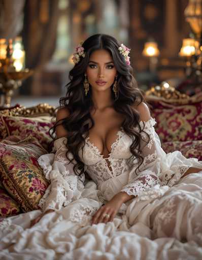 In this captivating photograph, a woman with long, dark brown hair adorned with delicate white and pink flowers sits gracefully on a luxurious gold and red velvet couch. Her hair cascades down to her chest, framing her face elegantly. She is dressed in a stunning white wedding gown, featuring intricate lace details and a deep V-neckline that reveals a hint of cleavage. The gown's sleeves are off-the-shoulder, adding to its ethereal beauty. Her makeup is meticulously applied, with a touch of pink lipstick enhancing her natural beauty. She gazes directly at the camera, exuding confidence and poise. The background is softly blurred, highlighting the warm glow of lamps and a window with brown curtains, adding a cozy ambiance to the scene. The couch is adorned with plush pillows in matching gold and red hues, complementing the overall opulent setting.