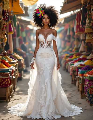 A woman is standing in front of a market stall with her back facing the camera and wearing a white wedding dress with lace sleeves and a train that flows down to her feet. The market stall behind her is filled with colorful fruits and vegetables, creating a vibrant backdrop for the scene.