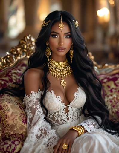 A stunning photograph captures a woman seated on an ornate, gold and red throne. She exudes elegance and grace, adorned in a white lacy dress that reveals her shoulders and arms. Her long, flowing black hair cascades down, framing her face and complementing her intricate gold jewelry. A golden headpiece rests atop her head, with a delicate chain hanging between her eyebrows, adorned with a circular medallion. Her ears are adorned with large, dangling gold earrings, and her neck is graced by a thick, elaborate gold choker that features a prominent medallion at its center. Her chest is partially exposed, revealing a hint of cleavage. She sits with one leg crossed over the other, her left arm resting on her knee, showcasing a large gold ring on her ring finger. Her right arm is elegantly draped over the back of the throne. The background is a blur of warm, golden hues, with a soft light illuminating the scene from the top right corner, adding a touch of ethereal glow to the composition.