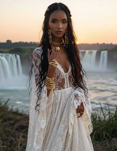 A striking photograph captures a young woman with long, dark brown hair cascading down to her waist. She stands confidently in front of a majestic waterfall, framed by lush greenery and a serene lake. Her attire is a stunning white lace dress, intricately designed with sheer sleeves and a deep V-neckline that reveals a hint of her midriff. The dress features a sheer overlay that adds an ethereal touch to her elegant look. Adorning her wrists are multiple gold bangles, and she wears a matching gold choker around her neck. Her accessories are complemented by long, dangling gold earrings that catch the light. The woman's expression is one of quiet strength, with her lips slightly parted and her gaze directed straight at the camera. The background, though slightly blurred, accentuates the natural beauty of the scene, with the waterfall's cascading water and the vibrant greenery enhancing the overall composition.