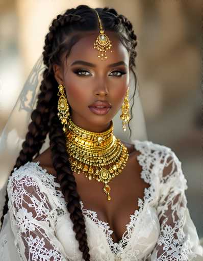 The image features a stunning young African-American woman, likely in her late teens or early twenties, with a radiant smile. She has long, dark brown hair intricately braided, with one braid cascading over her right shoulder and the other draped over her left shoulder. Her makeup is meticulously applied, highlighting her brown eyes and full lips. Adorning her forehead is a delicate gold chain with a central pendant, embellished with a pearl and surrounded by intricate gold designs. She wears large, dangling gold earrings that complement her elaborate gold choker necklace, which is layered with multiple tiers of gold and adorned with pearls and jewels. Her attire is a white, lacy dress that appears to be a wedding gown, with a sheer overlay that reveals her shoulders. The background is blurred, drawing focus to her detailed and elegant appearance.