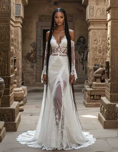 A woman is standing in front of a stone column with her hair styled in braids and wearing a white wedding dress with lace sleeves and a train that flows down the back.
