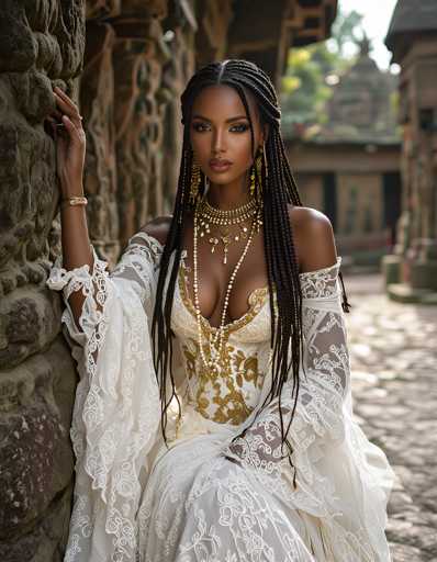A woman with long braids and a white dress is posing for the camera against a stone wall backdrop.