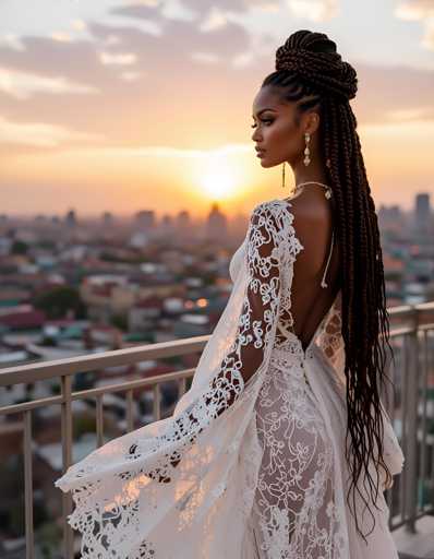 A woman with long braids and a white lace dress stands on a balcony overlooking a cityscape at sunset.