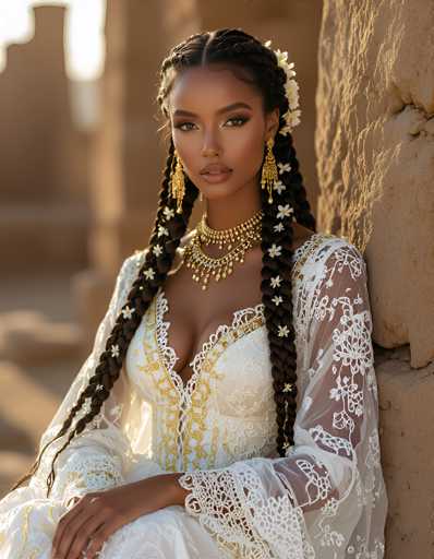 A striking photograph captures a young African-American woman, likely in her early 20s, seated against a large, brownish rock formation. She is adorned in a stunning white dress with intricate gold embroidery and lace detailing, which features a deep V-neckline revealing a hint of cleavage. Her long, dark brown hair is styled into two braids that cascade over her shoulders, each interwoven with delicate white flowers. She wears a double-tiered gold necklace, complementing her elegant attire, and long, dangling gold earrings. Her makeup is meticulously applied, with dark eyeliner accentuating her eyes, and her lips painted a soft pink. The background is blurred, drawing focus to her poised and serene expression as she gazes directly at the camera.