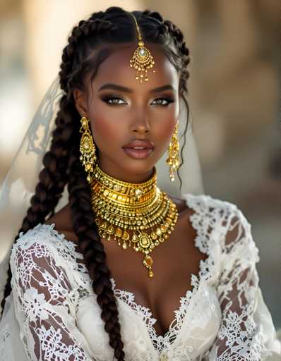 The image shows a woman with long dark hair wearing a white lace dress and gold jewelry including a large choker necklace and earrings. The background is blurred, suggesting the focus is on the woman's attire and appearance.