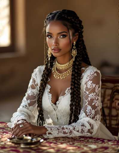 The image features a striking young woman with dark skin and long, intricately braided hair that cascades down to her waist. She is seated at a table adorned with a richly patterned red and gold tablecloth. In front of her, there is a small, round golden dish, possibly a candle holder. The woman is dressed in a white gown with long sleeves, which features delicate lace detailing. Her attire is complemented by an elaborate gold necklace that resembles a choker, adorned with multiple layers of beads and hanging golden ornaments. She also wears large, ornate gold earrings that dangle elegantly. Her makeup is meticulously applied, with dark eyebrows, eye shadow, and lipstick that accentuates her features. The background is blurred, drawing focus to her detailed and regal appearance.