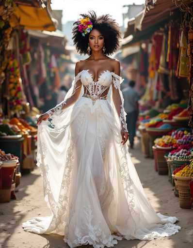 In this vibrant and detailed photograph, a striking black woman stands confidently in the center of a bustling outdoor market. She is adorned in a stunning white wedding dress that features intricate lace detailing and a dramatic cutout that reveals her midriff. The dress is complemented by a gold belt with a diamond centerpiece, and the sleeves are sheer, extending from her shoulders to her wrists. Her voluminous, curly afro is adorned with a colorful array of flowers in shades of yellow, blue, red, and purple, adding a touch of whimsy to her elegant appearance. She wears dangling gold earrings that catch the light, and her expression is one of serene confidence as she gazes directly at the camera. The market around her is alive with activity, filled with baskets and containers overflowing with a variety of fruits and vegetables, including oranges, lemons, and possibly tomatoes. The background is slightly blurred, drawing focus to her while still capturing the lively atmosphere of the market. A man in a gray shirt and blue jeans can be seen walking away, adding to the sense of movement and everyday life in this vibrant scene.