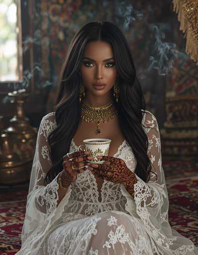 A woman with long dark hair is seated on a red and white patterned rug in front of a window that lets in soft light. She is wearing a white lace dress and gold jewelry, including earrings and a necklace. The woman holds a cup of tea in her hands.