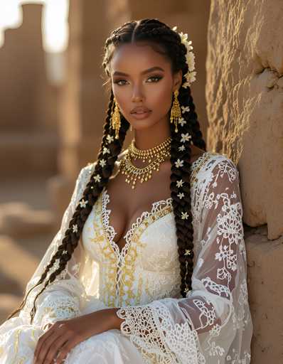 A beautiful woman with long dark hair is seated against a stone wall, wearing an elegant white dress adorned with gold accents and large earrings that dangle from her ears.