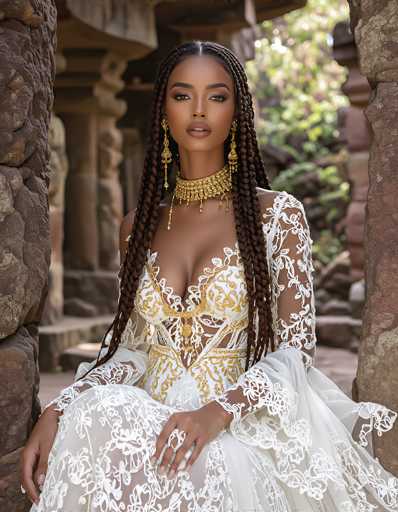 A stunning portrait of a Black woman in an elaborate white and gold lace gown, seated gracefully amidst ancient stone pillars. Her long, braided hair cascades down her shoulders, adorned with a matching gold and pearl necklace and ornate gold earrings. Her makeup is flawless, highlighting her captivating eyes and full lips. She gazes directly at the viewer with a serene yet confident expression, her hands resting gently in her lap. The background is softly blurred, drawing focus to the woman's elegant attire and poised demeanor. The overall lighting is soft and warm, enhancing the rich textures of the fabric and jewelry.