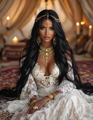 The image depicts a young woman with long, dark hair and brown skin, seated on a red carpet adorned with intricate designs. She is wearing a white, lacy dress with a deep neckline that reveals some cleavage. Her attire is complemented by an elaborate gold necklace featuring a central pendant, and she has matching gold bracelets on both wrists. She also wears a gold headpiece with a jewel hanging between her eyes, and large, ornate gold earrings. Her nails are painted pink, and she is adorned with a ring on her right hand. The background is slightly blurred, revealing a white wall with a brown border and several lit candles, adding a warm glow to the scene. The woman gazes directly at the camera, exuding a serene and elegant presence.