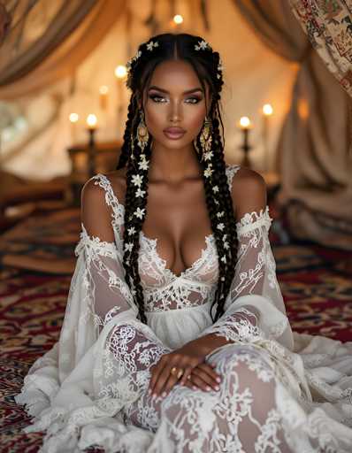 In this captivating photograph, a woman with dark skin and striking features is seated on a plush red carpet adorned with intricate gold and blue patterns. She wears a sheer white gown with delicate floral embroidery, which reveals a hint of her skin beneath. Her long, dark hair is styled into two braids that cascade over her shoulders, each adorned with white flowers. She accessorizes with gold earrings and a ring on her left hand, and her nails are painted a soft pink. Her makeup is bold, with dark eyeshadow and lipstick that accentuates her expressive eyes. The background is softly blurred, featuring a white wall and a table with lit candles, adding a warm glow to the scene. The overall composition highlights her serene yet powerful presence, making her the focal point of this beautifully detailed image.