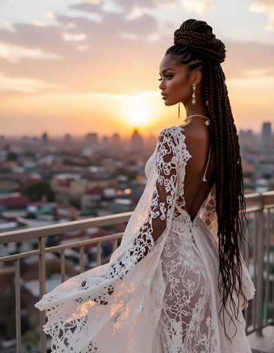 In this captivating photograph, a stunning African-American woman stands gracefully on a balcony, gazing out over a cityscape at sunset. She is adorned in a breathtaking white dress with intricate lace detailing that cascades down her back and sleeves, creating a sheer, floral pattern. Her long, dark hair is styled in an elaborate updo with loose braids flowing down her back, and she wears elegant gold earrings that dangle from her ears. The setting sun casts a warm, golden glow across the scene, illuminating the tops of the distant buildings and creating a serene, picturesque backdrop. The woman's poised stance and the delicate interplay of light and shadow enhance the overall beauty of the moment.