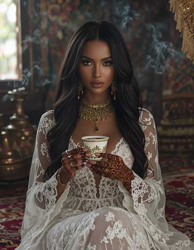 A stunning portrait of a beautiful woman, likely of Middle Eastern or South Asian heritage, seated gracefully on a richly patterned red and gold rug. She is wearing an elaborate white lace gown with long, sheer sleeves and intricate floral patterns. Her dark hair cascades down her shoulders in soft waves, and she is adorned with a stunning gold necklace and matching earrings. Her hands are intricately decorated with henna patterns, and she holds a delicate tea cup in both hands, her gaze directed towards the viewer with an intense yet serene expression. Wisps of smoke drift around her, adding a touch of mystique to the scene. The background is softly blurred, hinting at an ornate, possibly traditional setting with rich textiles and golden accents. The overall lighting is soft and warm, highlighting her features and the intricate details of her attire.