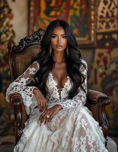 A stunning photograph captures a young woman, likely in her early 20s, seated gracefully in an ornate wooden chair. The chair, crafted from dark wood, features intricate carvings and a woven wicker backrest, exuding an air of timeless elegance. The woman, with her long, dark hair cascading over her shoulders, gazes directly into the camera with a serene expression. Her dark eyes and full lips are accentuated by her natural beauty, enhanced with subtle makeup. She wears a white lace dress, intricately designed with sheer sleeves and a low-cut neckline that reveals a hint of her cleavage. The dress, adorned with delicate floral patterns, adds to her ethereal appearance. Her hands rest gently on her lap, showcasing a large, sparkling diamond ring on her right hand. The background is softly blurred, drawing focus to her and the chair, while a large, colorful painting adds a touch of vibrancy to the scene. The overall composition highlights her beauty and the timeless elegance of her surroundings.