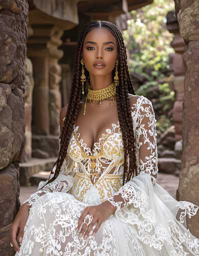A woman with long brown braids is seated on a rock, wearing a white dress and gold jewelry. The setting appears to be an ancient stone structure or temple, suggesting the image may have been taken in a historical or cultural context.