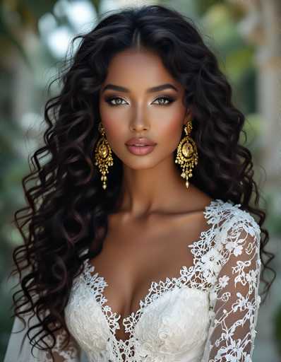 A stunning portrait of a beautiful woman with long, voluminous, dark curly hair and striking makeup. She is wearing an elegant white lace dress with a deep V-neck, adorned with intricate floral patterns. Her makeup features a warm, golden eye look, defined eyebrows, and a soft, nude lip color. She is wearing large, ornate gold earrings that complement her hair and dress. The background is softly blurred, creating a dreamy effect that emphasizes the woman's beauty.