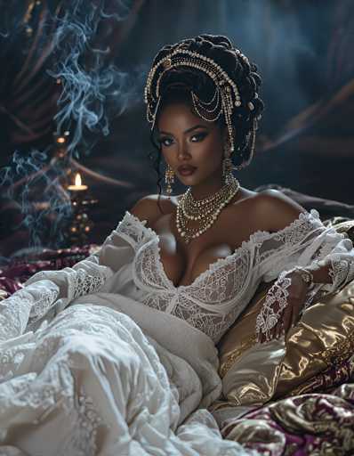 The image portrays a striking black woman with dark skin, seated on a bed adorned with luxurious gold and purple silk pillows. She is dressed in an elaborate, lacy white gown that reveals her shoulders and chest, accentuating her cleavage. Her hair is intricately styled into a high bun, adorned with an ornate headpiece featuring pearls and beads that cascade down like a curtain. She wears multiple strands of pearl necklaces, long dangling earrings, and a bracelet on her left wrist. The background is dark, with a candle in a holder emitting a soft glow and wisps of smoke, adding to the ethereal atmosphere. The woman gazes directly at the camera with a serious expression, her makeup meticulously applied, enhancing her regal and captivating presence.