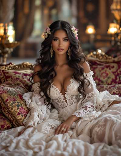 A stunning, high-fashion portrait of a woman in an elaborate white lace gown. She is seated on a richly patterned velvet couch, adorned with floral pillows in shades of red and gold. Her long, dark hair cascades around her shoulders, adorned with a delicate floral crown of pink and white flowers. She wears ornate gold earrings and subtle makeup, her gaze directed towards the viewer with a serene expression. The background is softly blurred, emphasizing the woman and her luxurious attire. The overall lighting is soft and warm, creating a dreamy, romantic atmosphere.