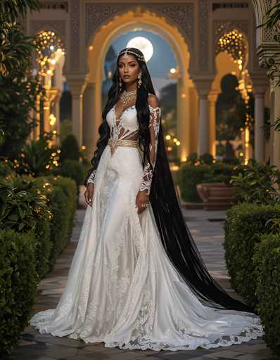 A stunning, full-length portrait of a Black model in an elaborate white and black wedding gown. The dress features intricate lace detailing, long sleeves with ornate gold accents, a plunging neckline, and a flowing train. Her long, dark hair cascades down her shoulders, adorned with a jeweled headpiece and a matching black veil. She wears a delicate gold necklace and rings, and her makeup is flawless. The model stands in a beautifully lit outdoor setting with ornate architectural details, including arched doorways and lush greenery. The overall mood is elegant, romantic, and ethereal.