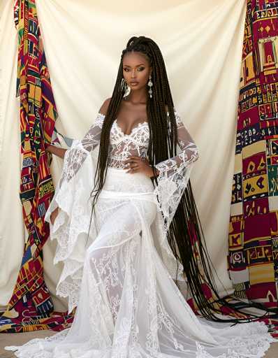 A stunning, fashion-forward portrait of a Black model in an elaborate white wedding gown. The dress features intricate lace detailing, long sheer sleeves with a flowing design, and a high-waisted skirt that flares out into a dramatic train. The model's long, braided hair cascades down her shoulders, adorned with elegant gold earrings. She gazes directly at the camera with a serene yet confident expression. The backdrop is a soft, draped fabric in shades of cream and vibrant African prints, adding a rich cultural context to the image. The overall lighting is soft and diffused, highlighting the texture of the dress and the model's features. The composition emphasizes the model's poise and the luxurious design of the gown, creating a captivating and stylish photograph.