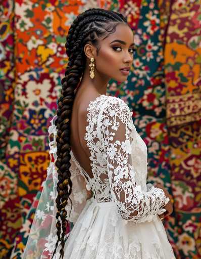 The image features a young African-American woman, likely in her late teens or early twenties, standing in front of a vibrant, multicolored tapestry adorned with floral patterns in shades of orange, red, green, and yellow. She is dressed in a stunning white wedding gown with intricate lace detailing on the shoulders and sleeves, which are sheer and feature delicate floral patterns. The gown's back is open, revealing her shoulders and the upper part of her back. Her long, dark hair is styled in a single, elaborate braid that cascades down her back, with some lighter highlights interspersed. She accessorizes with long, dangling gold earrings that resemble leaves. The woman is posed with her body turned to the right, while her head is turned back over her shoulder, gazing directly at the camera with a serious expression. Her makeup is subtle yet elegant, with a touch of pink lipstick and eye shadow, enhancing her natural beauty.