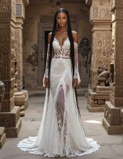 A stunning, long-sleeved white wedding dress with intricate lace detailing and a sheer skirt is worn by a Black model in front of an ancient, textured stone structure. The dress features a deep V-neck and long sleeves with delicate lace patterns that extend to the wrists. The skirt is sheer, revealing a flowing train and adding an ethereal quality to the gown. The model's long, braided hair cascades down her shoulders, and she wears elegant gold earrings that complement the dress's intricate details. The backdrop is a weathered stone structure with carvings, creating a dramatic and romantic setting for the bridal portrait. The lighting is soft and warm, highlighting the texture of the dress and the model's features.