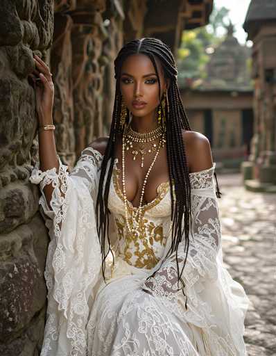 A stunning portrait of a woman in a beautiful white, intricately detailed gown with gold accents and long sleeves. She is leaning against an ancient stone pillar in a historic setting, possibly a temple or palace, with a warm, golden light illuminating her face. Her long, braided hair cascades down her shoulders and she wears elaborate gold jewelry including a multi-layered necklace and large earrings. She has a confident, serene expression, looking directly at the viewer with captivating eyes. The background is softly blurred, drawing focus to her and emphasizing the rich details of her attire and the surrounding architecture. The overall mood is one of elegance, cultural richness, and timeless beauty.