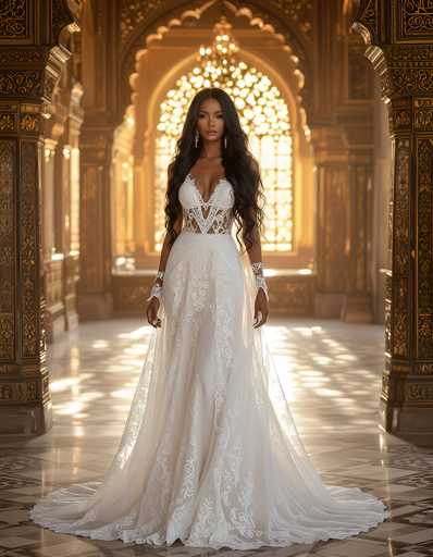 In this captivating photograph, a stunning bride stands gracefully in the center of an opulent, golden-hued room. She is adorned in a breathtaking white wedding gown that features intricate lace detailing and a deep V-neckline, complemented by a delicate train that fans out around her feet. The gown's design includes a sheer, see-through section at the waist, adding an ethereal touch to her ensemble. Her long, wavy black hair cascades down to her waist, framing her face elegantly. She accessorizes with delicate white bracelets on both wrists and wears exquisite gold earrings that catch the light. The room itself is a marvel of architecture, with towering, ornate columns and a grand arched window behind her, through which sunlight streams, casting a warm glow on the floor. The overall ambiance is one of grandeur and elegance, perfectly capturing the essence of a fairy tale wedding.