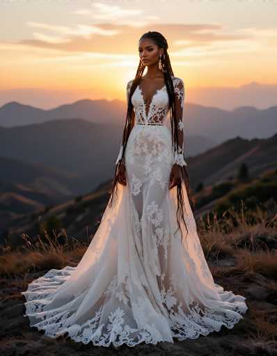 A stunning photograph captures a young African-American woman, likely in her early 20s, standing gracefully on a hillside during a sunset. She is adorned in a breathtaking white wedding dress with intricate lace detailing and a deep V-neckline that reveals her midriff. The dress features a sheer, lacy bodice and a voluminous skirt that flares out around her feet, with delicate lace trim at the hem. Her long, dark hair is styled in multiple braids that cascade down to her waist, and she wears elegant gold earrings. The woman stands with her hands at her sides, gazing thoughtfully to the left. The background showcases a serene landscape of rolling hills and mountains, bathed in the warm, golden hues of the setting sun, with wispy clouds adding to the ethereal atmosphere. The overall scene exudes a sense of tranquility and romance, perfectly capturing the beauty of the moment.