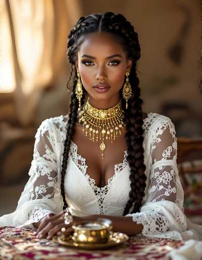 A captivating photograph features a young woman with dark skin and long, intricately braided hair. She is adorned in a white dress with delicate lace sleeves, exuding an air of elegance and grace. Her makeup is meticulously applied, highlighting her striking features. Around her neck, she wears a stunning gold necklace that drapes down to her chest, adding a touch of opulence to her ensemble. In front of her, a gold cup rests on a table, suggesting a moment of contemplation or perhaps a ritual. The background is softly blurred, drawing attention to her serene expression and the intricate details of her attire.