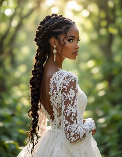 In this captivating photograph, a young African-American woman stands gracefully in a lush forest, her presence commanding attention. She is adorned in a stunning white wedding dress, intricately designed with lace sleeves and a backless cut that reveals her shoulders and upper back. The dress features a voluminous, ruffled skirt that adds an elegant touch to her ensemble. Her long, dark hair is styled into a single, elaborate braid that cascades down her back, with delicate tendrils framing her face. She accessorizes with long, dangling gold earrings that catch the light, adding a touch of sparkle to her look. Her makeup is meticulously applied, highlighting her dark eyes and full lips. She stands with her body facing the right side of the image, while her head is turned towards the camera, her gaze intense and captivating. The background is a blurred tapestry of green trees and leaves, illuminated by sunlight that filters through the foliage, creating a serene and enchanting atmosphere.