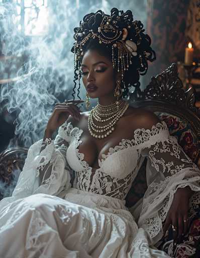 A stunning portrait of a Black woman, adorned in an elaborate white lace gown and intricate headpiece, sits gracefully on a richly decorated antique chair. The woman's dark skin glows softly in the dim light, her eyes closed as she gazes serenely. Wisps of smoke drift around her, adding an ethereal quality to the scene. Her makeup is bold and dramatic, with deep red lipstick and defined eye makeup, enhancing her features. The gown's lace details are intricate, with delicate floral patterns and sheer sleeves. She wears a multi-layered pearl necklace that complements her elegant attire. Her hair is styled in an elaborate updo, adorned with golden embellishments and pearl accents. The background is softly blurred, focusing attention on the woman's captivating presence.