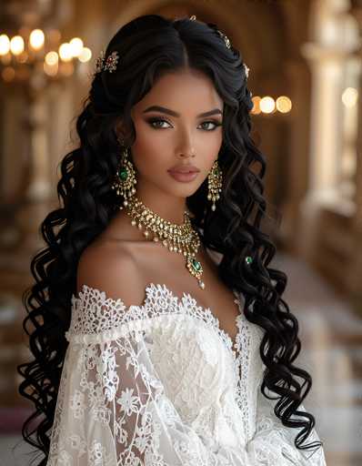 A stunning photograph captures a young woman, likely in her late teens or early twenties, with a captivating presence. She has long, dark hair cascading down her back, adorned with a delicate barrette. Her complexion is a warm tan, complementing her striking features. She wears an elaborate, ornate necklace that appears to be made of gold and diamonds, with a prominent green gemstone at its center. Her earrings are equally eye-catching, featuring intricate gold designs and a large green gemstone. She is dressed in a white gown with a lace overlay, which elegantly drapes off her shoulders, adding to her ethereal appearance. The background is softly blurred, drawing attention to her detailed and luxurious attire.
