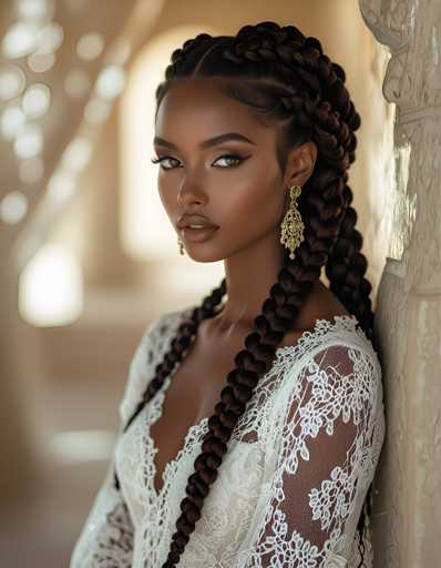 A woman with long dark hair styled in braids and wearing a white lace dress is the main subject of this image. The background features a beige wall with a window that allows natural light to enter the room.