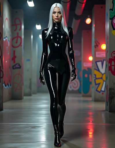 In this striking image, a woman with long, straight white hair is captured walking down a graffiti-covered hallway. She is dressed in a sleek, black, form-fitting bodysuit that extends from her neck to her ankles, complete with matching gloves and boots. The bodysuit features a distinctive design with a cutout on the left side of her thigh, adding a touch of allure to her outfit. Her hands rest naturally at her sides as she strides forward, exuding confidence and poise. The hallway itself is adorned with vibrant graffiti in a variety of colors, including red, yellow, blue, and green, creating a dynamic and visually stimulating backdrop. The floor is a light gray, contrasting with the colorful walls. Overhead, lights are mounted on the ceiling, casting a soft glow that enhances the overall ambiance of the scene.