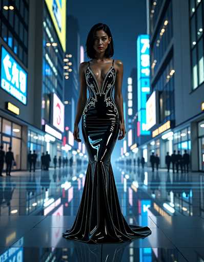 In this captivating image, a woman stands confidently in the middle of a bustling city street, exuding an aura of sophistication and allure. She is adorned in a striking black dress that accentuates her figure, featuring thin straps over her shoulders and a daringly low neckline that plunges down to her belly button. The dress is intricately designed with silver embellishments that add a touch of glamour and sparkle. The fabric appears to be made of a sleek, leather-like material that shimmers under the city lights, creating a mesmerizing effect.

Her shoulder-length black hair frames her face, which is highlighted by bold red lipstick that contrasts beautifully with her fair complexion. The woman's gaze is directed straight at the camera, capturing her intense and captivating expression.

The backdrop is a vibrant cityscape, with towering buildings on either side of the street. The ground is paved with black tiles, reflecting the bright lights from the surrounding buildings. These structures are adorned with numerous neon signs and billboards, predominantly in blue and white hues, with occasional splashes of red. The signs feature text in a foreign language, adding an element of mystery and exoticism to the scene.

The street is alive with activity, as silhouettes of people can be seen walking along the sidewalks, contributing to the dynamic urban atmosphere. The overall ambiance of the image is one of modernity, excitement, and urban chic, perfectly capturing a moment of stylish elegance amidst the hustle and bustle of city life.