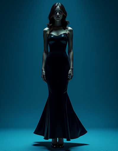 The image features a woman with long, wavy brown hair that cascades down to her shoulders. She is dressed in a sleek, black dress that appears to be made of leather. The dress is form-fitting, accentuating her chest and waist, and features thin straps that go over her shoulders. The dress is sleeveless, and it flares out slightly at the bottom, revealing her legs. She is wearing black shoes that complement her outfit. The woman stands against a dark blue background, with a lighter blue floor beneath her. She gazes upwards, her expression serene and composed.