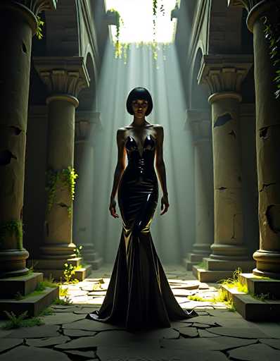 The image depicts a highly detailed, computer-generated scene of a woman standing in the middle of an ancient, dilapidated building. The structure, reminiscent of a Greek or Roman temple, features large stone columns with intricate carvings and broken sections, some adorned with green moss and vegetation. The floor is made of stone, with visible cracks and patches of grass growing through them. Above, a large skylight allows sunlight to stream in, illuminating the scene with a warm glow.

The woman, who appears to be of Asian descent, has a striking appearance with short black hair styled in a bob with bangs. She is wearing a form-fitting, sleeveless dress that appears to be made of leather or latex, with a deep V-neckline that extends down to her belly button. The dress is black and features a corset-like design with buttons or buckles up the front, and it flares out dramatically from the knees down, creating a train that spreads on the ground around her. Her arms hang straight down by her sides, and she gazes directly at the viewer with a serious expression. The overall atmosphere of the image is one of ancient grandeur juxtaposed with the modern, almost otherworldly presence of the woman.