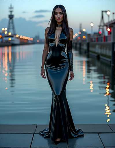 A striking photograph captures a woman standing on a stone walkway beside a serene body of water. She is adorned in a sleek, black, shiny dress that accentuates her figure, with a deep V-neckline that plunges down to her belly button. The dress flares out dramatically at the bottom, pooling around her feet. Her long, dark hair cascades down her back, complementing her bold red lipstick. She stands with her arms at her sides, exuding confidence and poise. The water behind her is calm, reflecting the soft light of the evening. In the background, a row of lights stretches along the shoreline, adding a touch of warmth to the scene. The sky above is a blend of light blue and gray, with clouds gathering on the horizon, hinting at the approaching night.