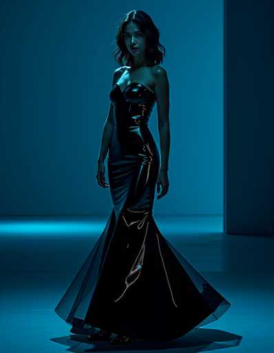 The image depicts a woman standing in a dimly lit room, bathed in a blue hue. She is wearing a form-fitting, black leather dress that accentuates her figure, with a sheer, see-through skirt that flows around her feet. The dress is sleeveless, revealing her bare arms, and features a high slit on the side, exposing part of her leg. Her dark hair, which falls just below her shoulders, frames her face as she gazes directly at the camera. She is wearing black high heels, and her hands rest by her sides. The room's background is a mix of dark blue and black, with a light source creating a subtle glow on the floor and wall behind her. The overall atmosphere is dark and moody, with the blue lighting adding a dramatic effect to the scene.